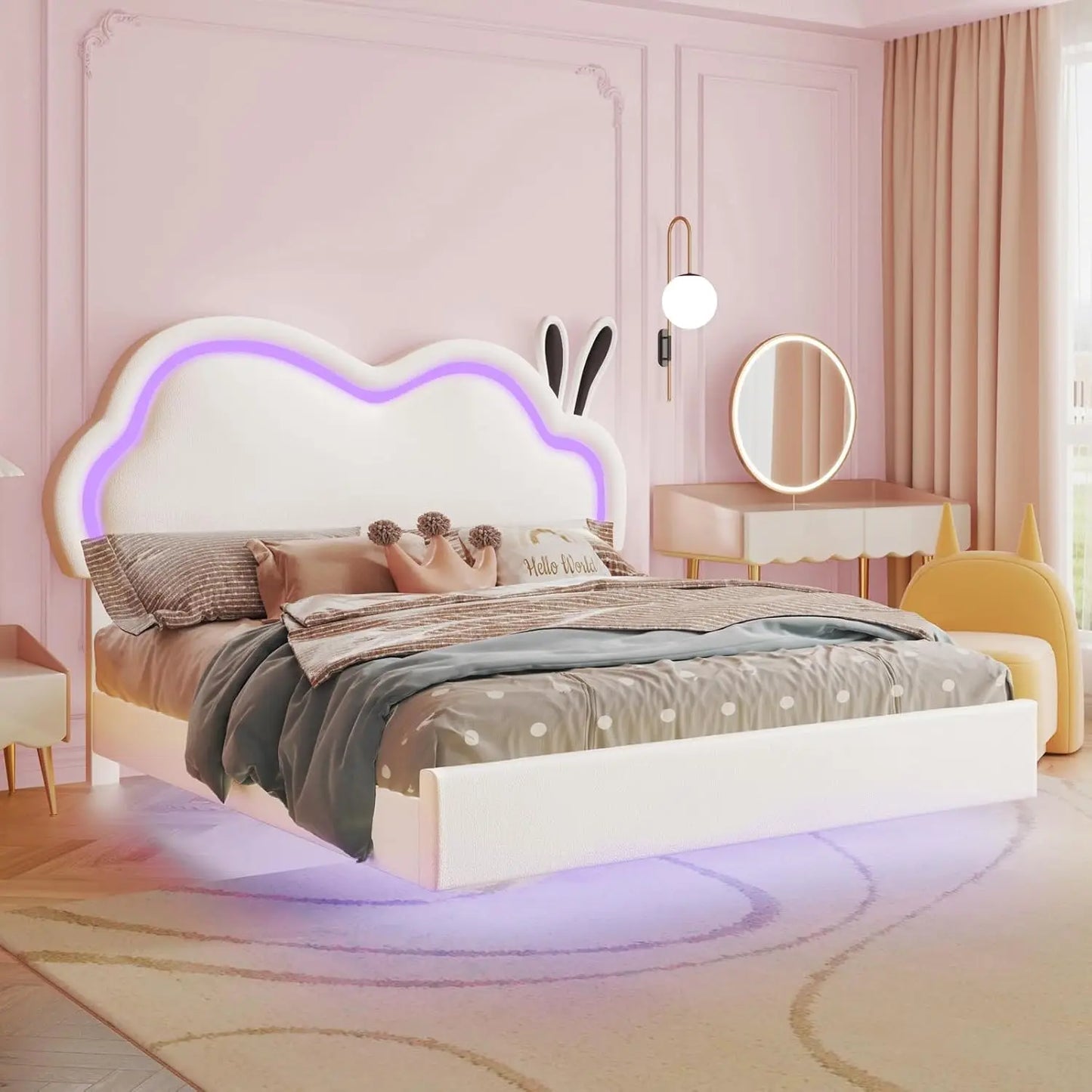 LED Queen Bed Frame for Girls Upholstered Floating Bed with Cute Cloud Headboard, No Box Spring Needed, Leather, Pink