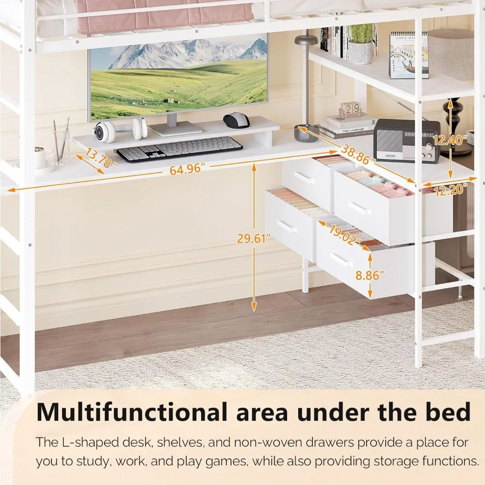 VINGLI Twin Metal Loft Bed Frame With 15" Safety Guardrail, Non-Slip Ladder, 2 Charging Stations, L-Shaped Desk, Storage Shelve,