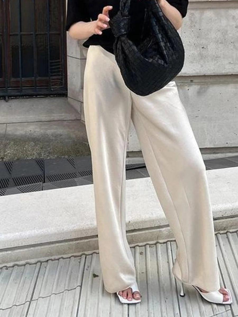 Ladies Stylish Loose Fit Trousers with Stretchy Waistband Elegant Satin Fabric Work Pants in Solid Color for a Chic Look