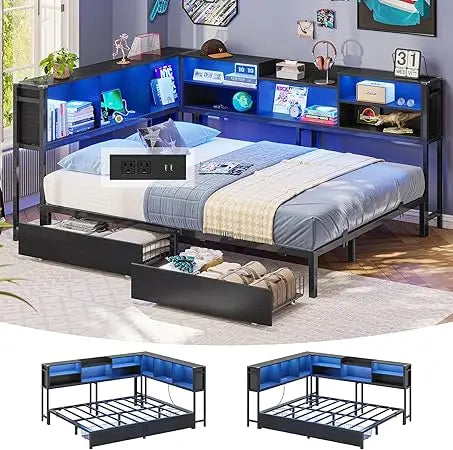 Full Corner Bed Frame with Storage Bookcase, Full Size Daybed with 2 Underneath Storage Drawers, Kids Bed Unit with Charging St