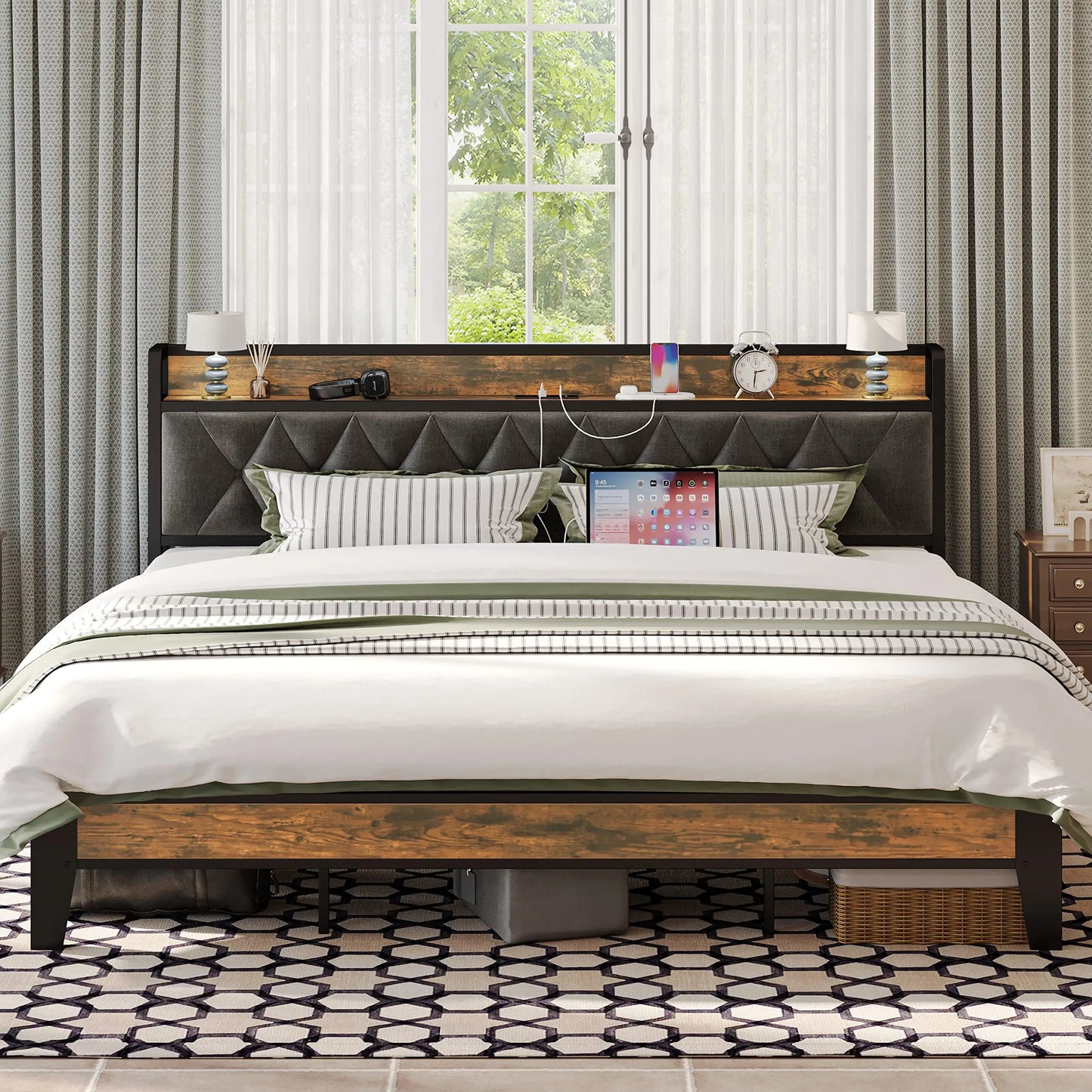 Twin/TwinXL/Full/Queen/King/CaliforniaKing Bed Frames, Storage Headboard with Outlets, No Noise, No Box Springs Needed