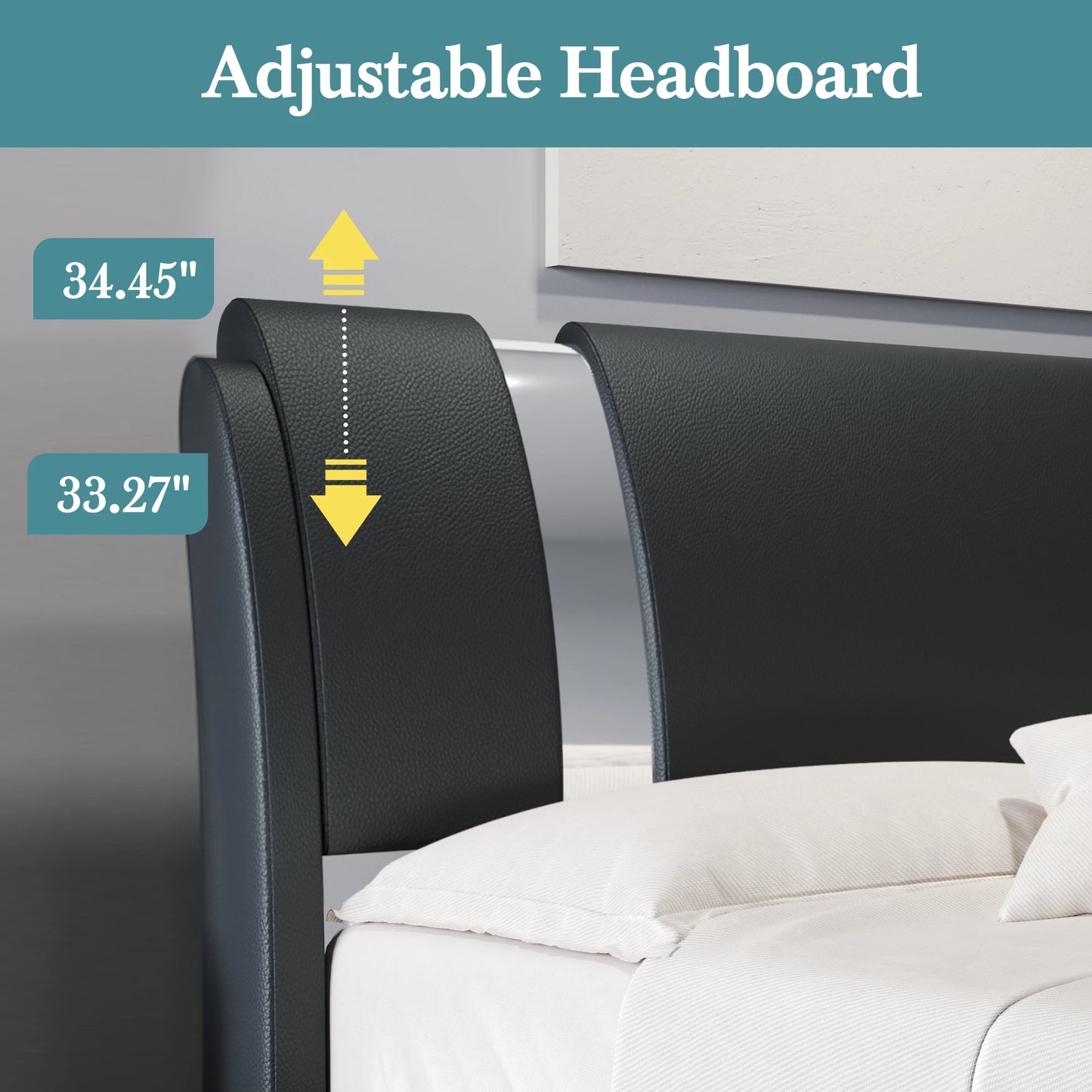 Modern Faux Leather Bed Frame with Iron Pieces Decor, Low Profile Platform Bed with Height-Adjustable Headboard
