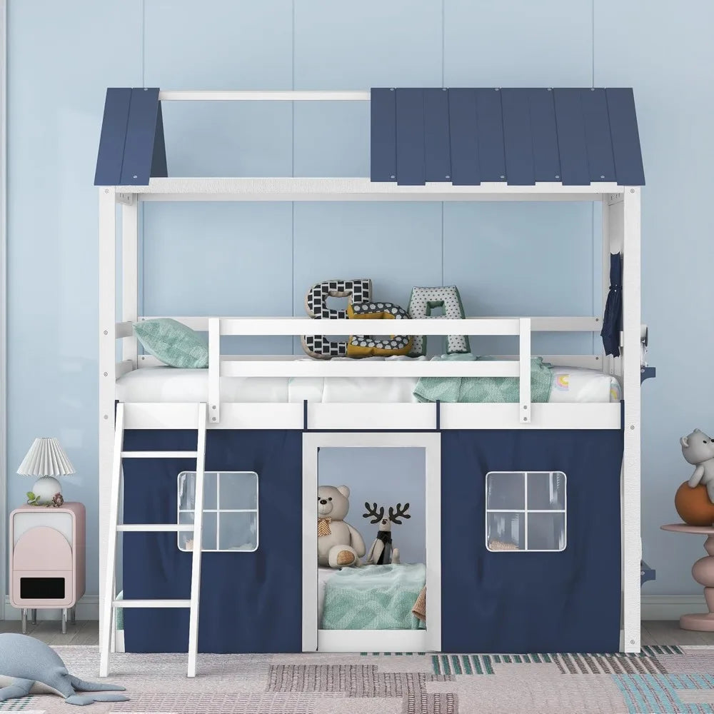 SOFTSEA Twin Size House Bunk Bed for Kids, Twin Over Twin Floor Bunk Bed with Tent and Windows Sills, Slide Ladder and Guardrail