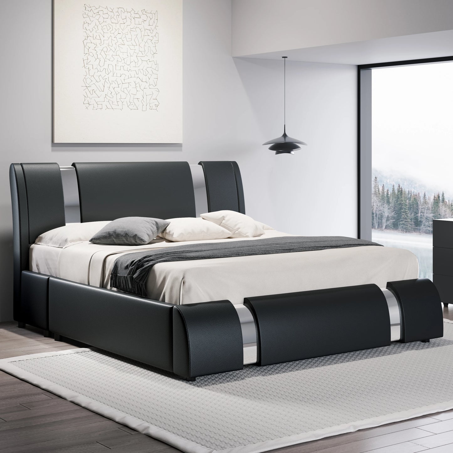 Modern Faux Leather Bed Frame with Iron Pieces Decor, Low Profile Platform Bed with Height-Adjustable Headboard