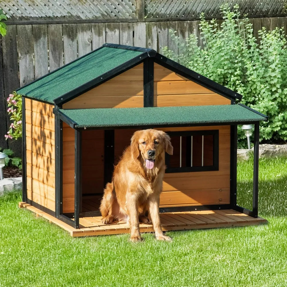 Outdoor Dog House Cabin Style, Wooden Raised Pet Kennel with Asphalt Roof, Front Door, Side Window, Porch for Medium/Large Dogs