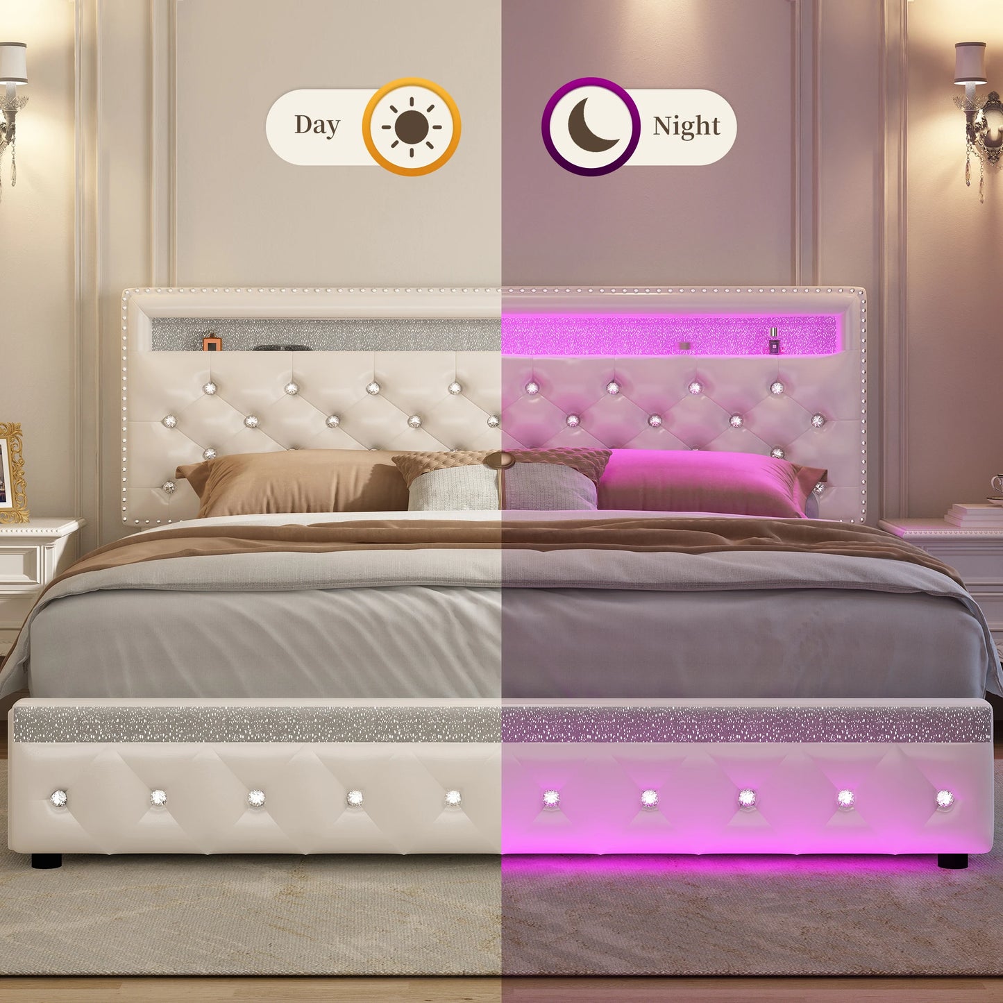 Modern Queen Bed Frame with Drawers, White PU Leather Upholstered Platform with Crystal Tufted Adjustable Headboard, Strong Meta