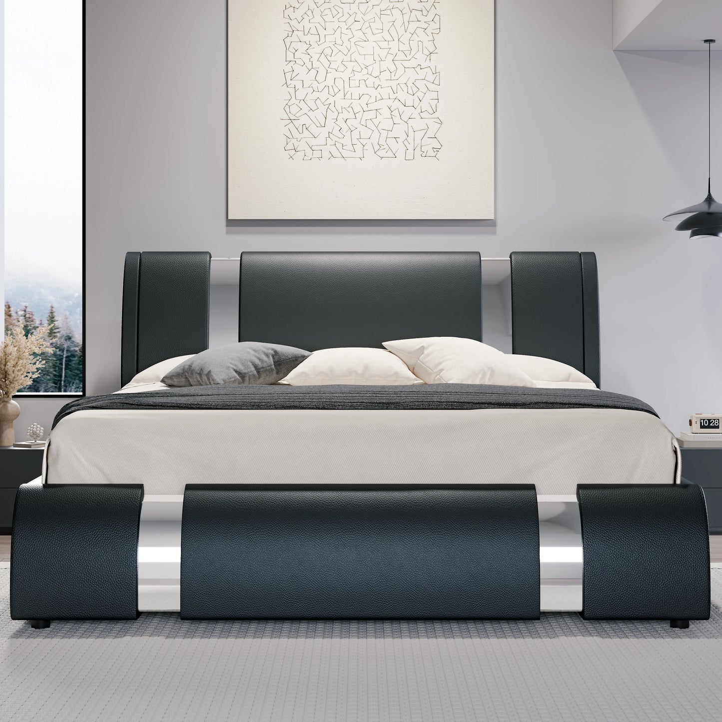 Modern Faux Leather Bed Frame with Iron Pieces Decor, Low Profile Platform Bed with Height-Adjustable Headboard