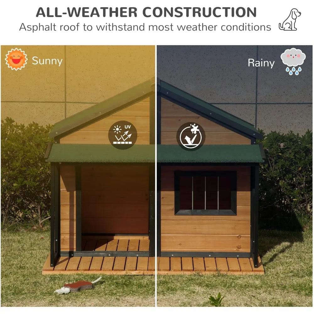 Outdoor Dog House Cabin Style, Wooden Raised Pet Kennel with Asphalt Roof, Front Door, Side Window, Porch for Medium/Large Dogs