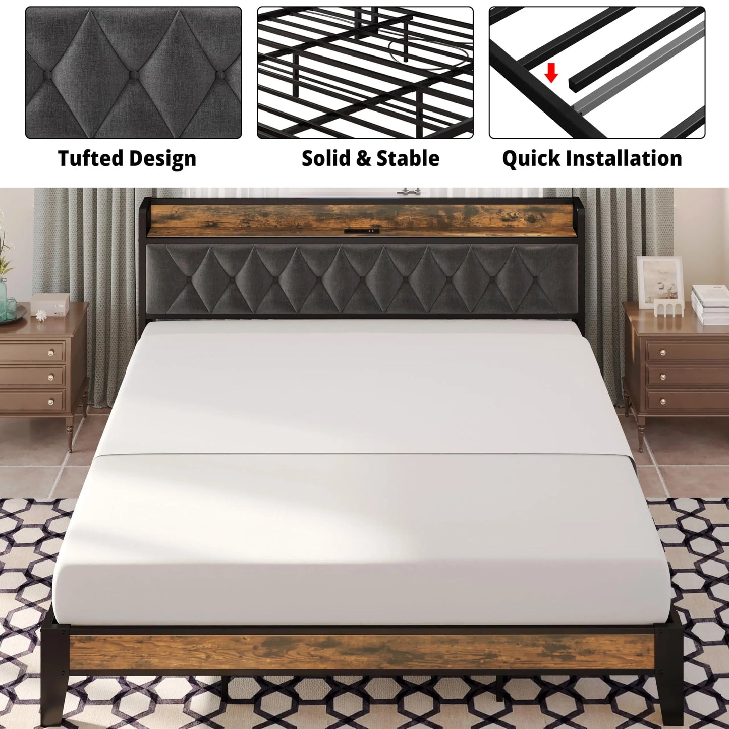 Twin/TwinXL/Full/Queen/King/CaliforniaKing Bed Frames, Storage Headboard with Outlets, No Noise, No Box Springs Needed
