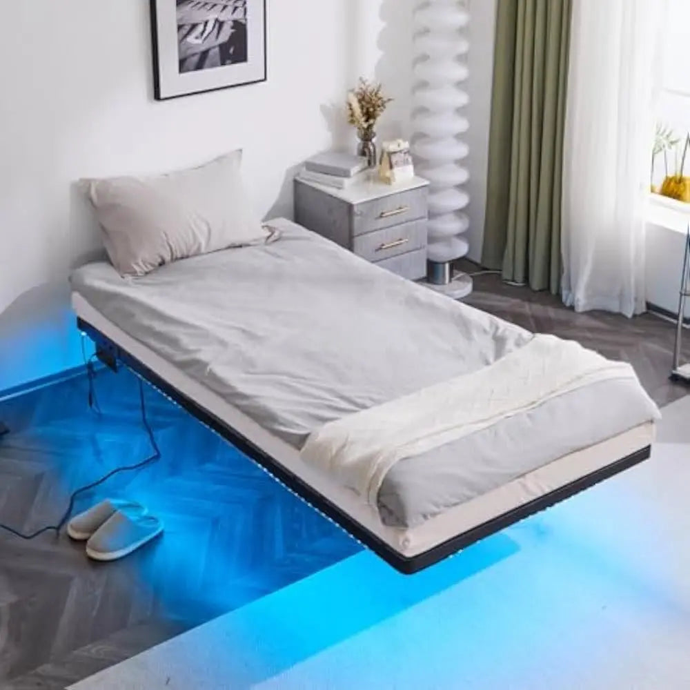LED Twin Floating Bed Frame w/USB Charging Station, 14'' Platform Bed Frame Twin Size Heavy Duty Metal Bed, No Box Spring Needed