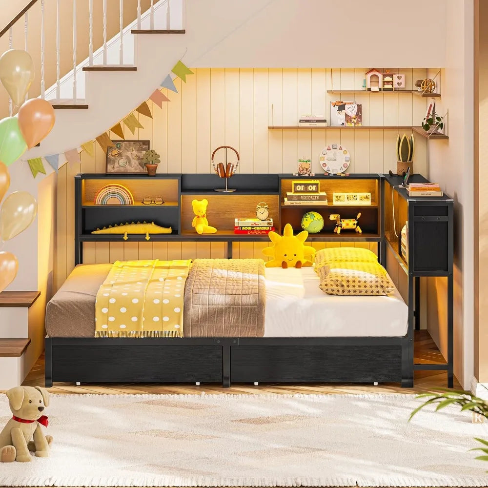 Full Corner Bed Frame with Storage Bookcase, Full Size Daybed with 2 Underneath Storage Drawers, Kids Bed Unit with Charging St