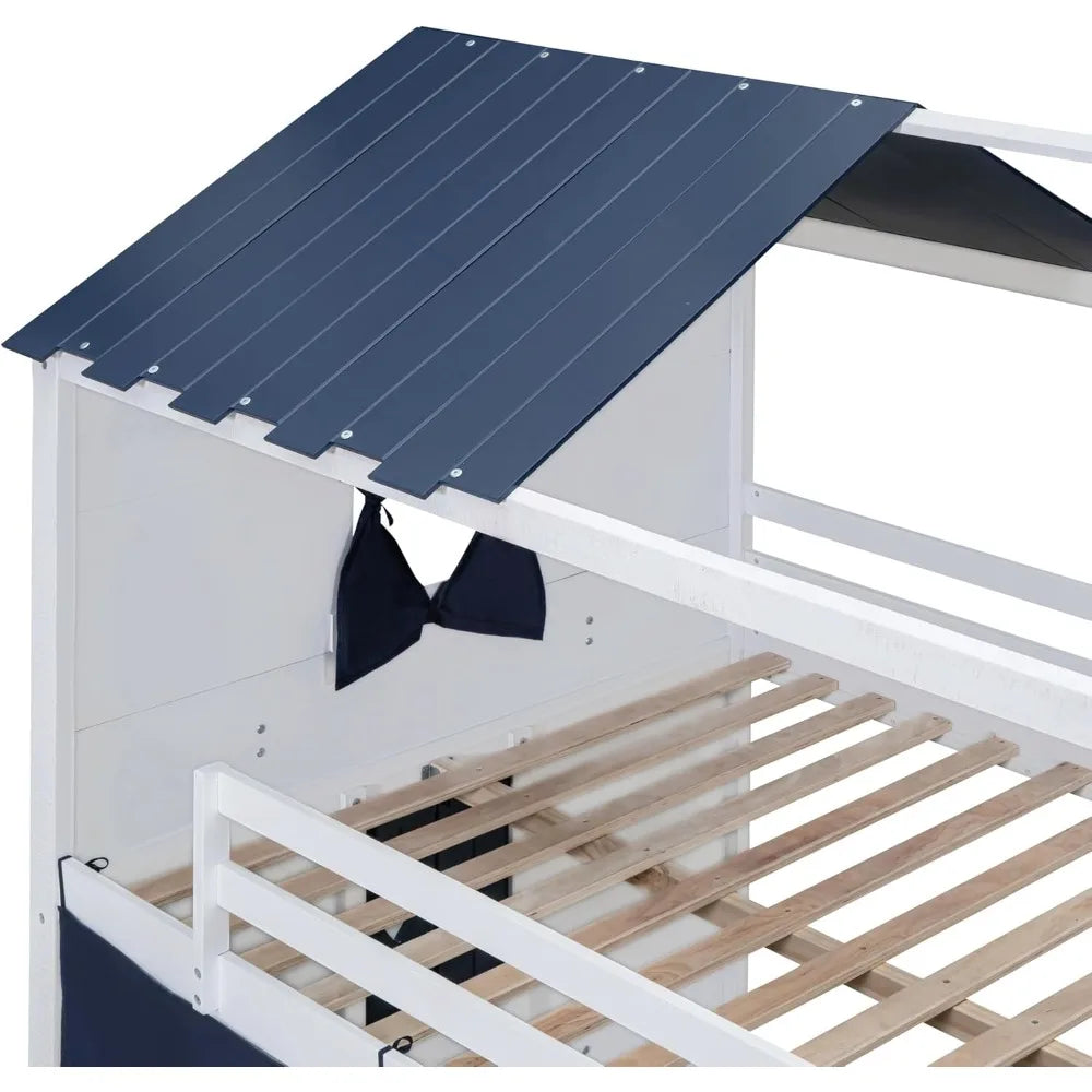 SOFTSEA Twin Size House Bunk Bed for Kids, Twin Over Twin Floor Bunk Bed with Tent and Windows Sills, Slide Ladder and Guardrail