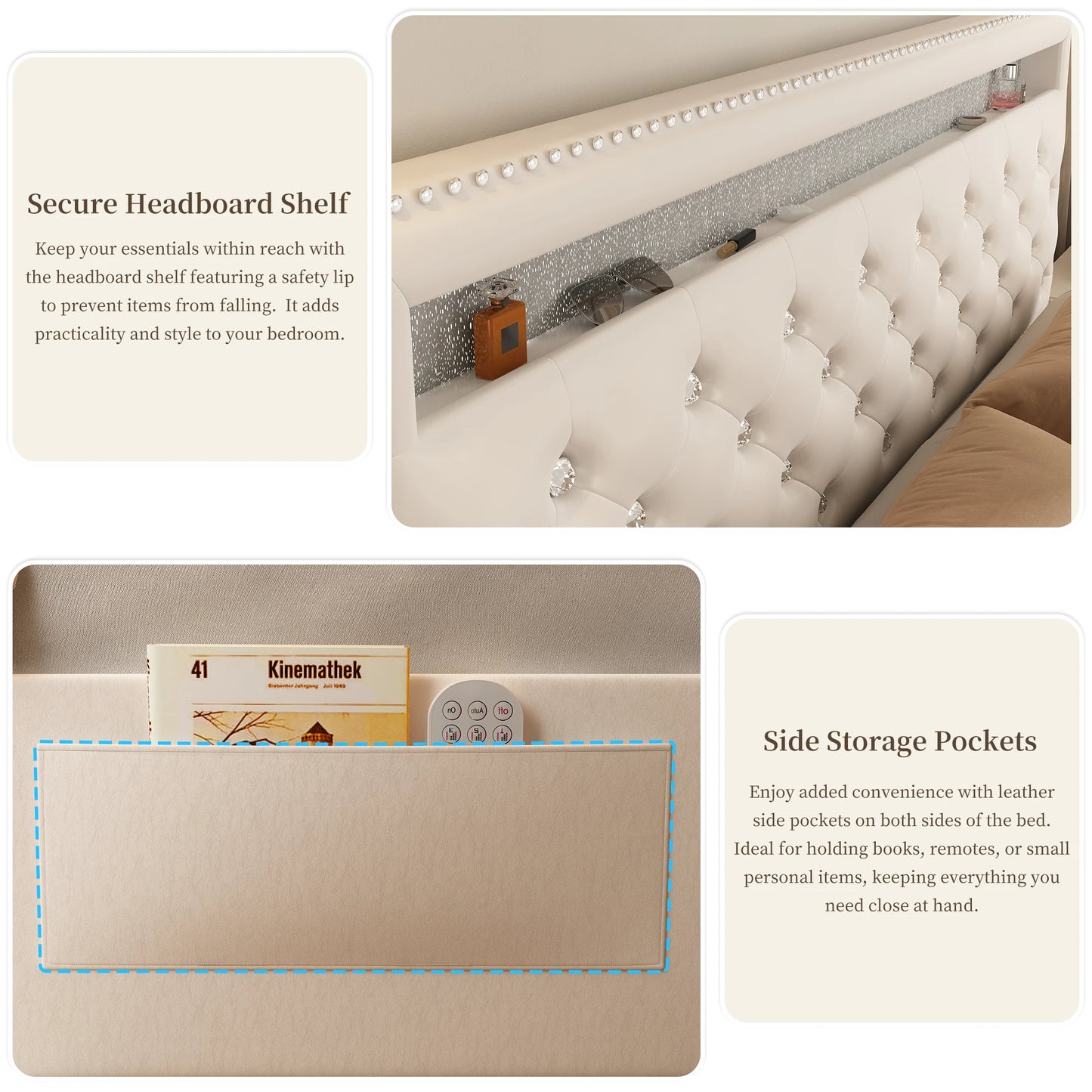 Modern Queen Bed Frame with Drawers, White PU Leather Upholstered Platform with Crystal Tufted Adjustable Headboard, Strong Meta