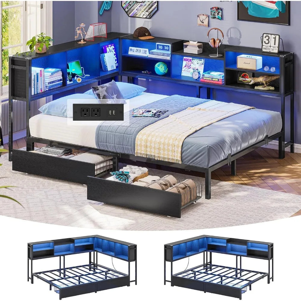 Full Corner Bed Frame with Storage Bookcase, Full Size Daybed with 2 Underneath Storage Drawers, Kids Bed Unit with Charging St