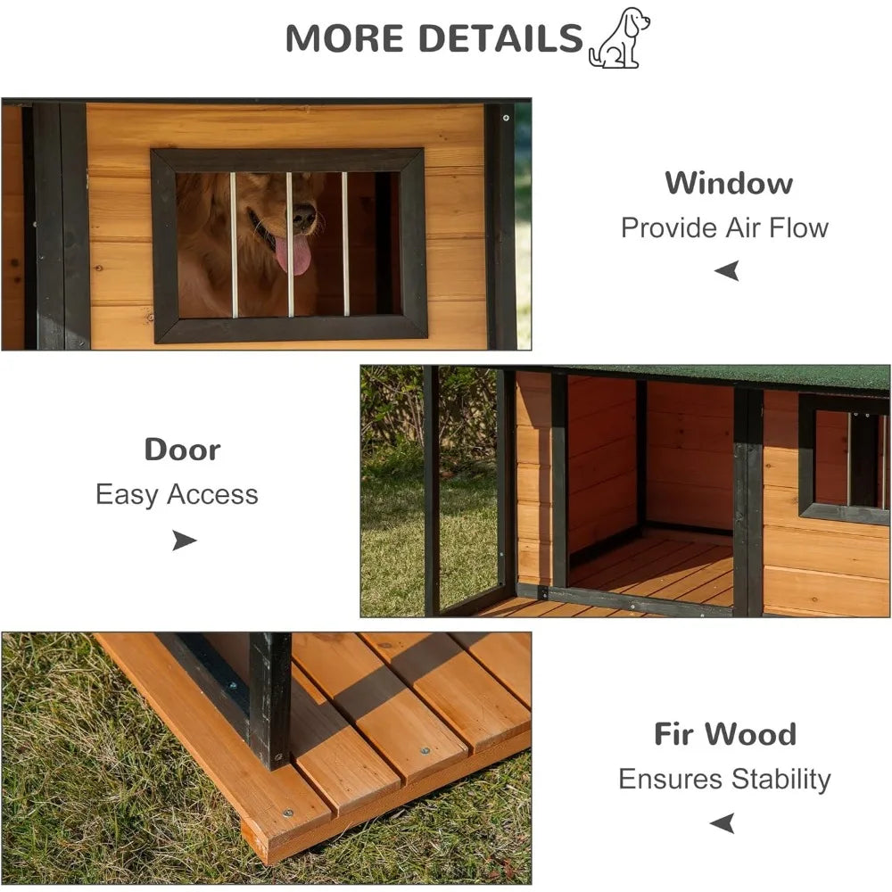 Outdoor Dog House Cabin Style, Wooden Raised Pet Kennel with Asphalt Roof, Front Door, Side Window, Porch for Medium/Large Dogs