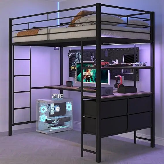 VINGLI Twin Metal Loft Bed Frame With 15" Safety Guardrail, Non-Slip Ladder, 2 Charging Stations, L-Shaped Desk, Storage Shelve,