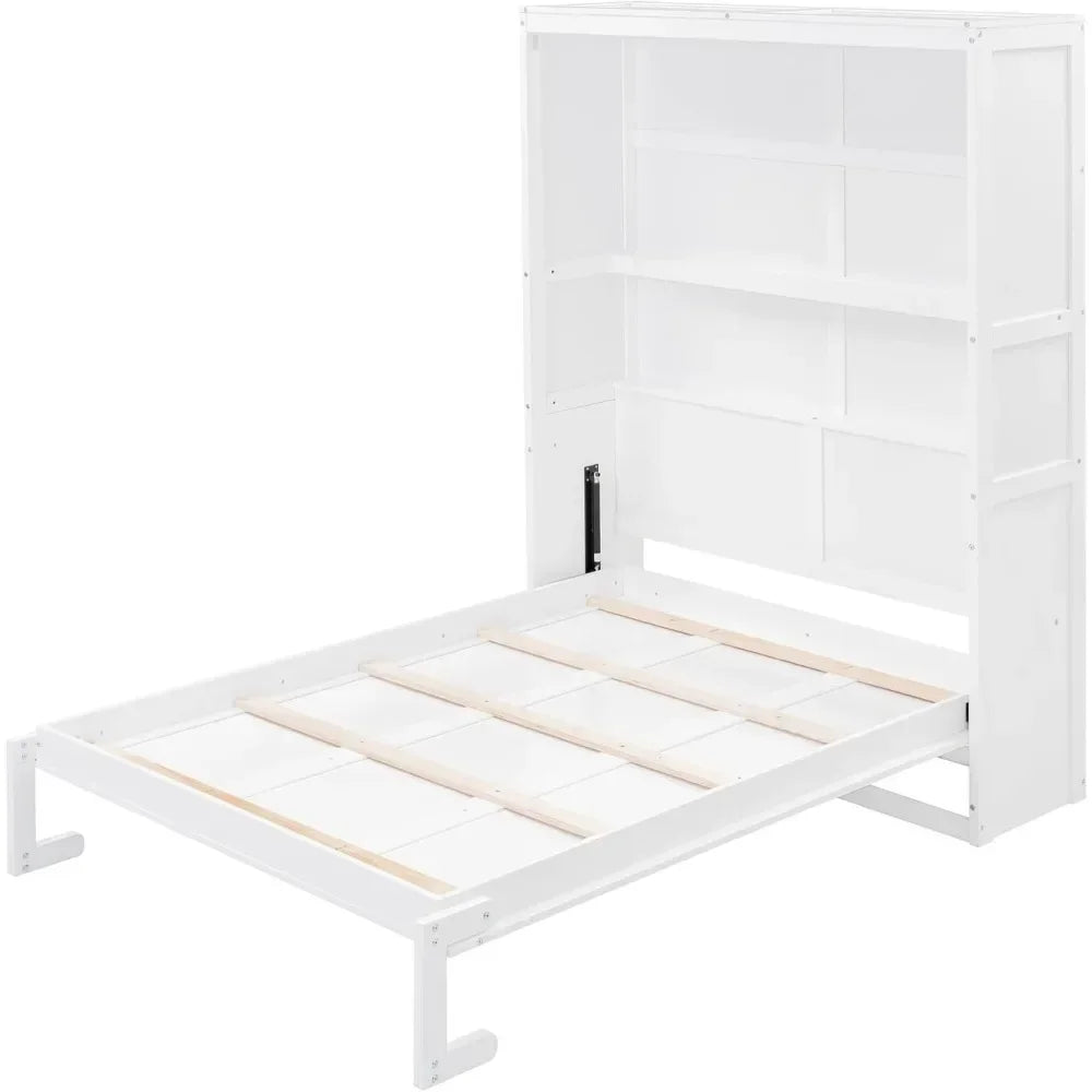 Full Size Murphy Bed, Wood Full Murphy Cabinet Bed with Shelves, for Home Office or Small Room, White