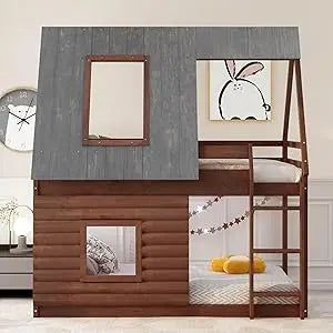 SOFTSEA Twin Size House Bunk Bed for Kids, Twin Over Twin Floor Bunk Bed with Tent and Windows Sills, Slide Ladder and Guardrail