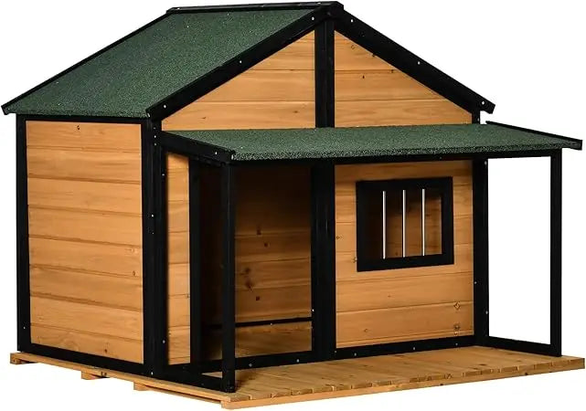 Outdoor Dog House Cabin Style, Wooden Raised Pet Kennel with Asphalt Roof, Front Door, Side Window, Porch for Medium/Large Dogs