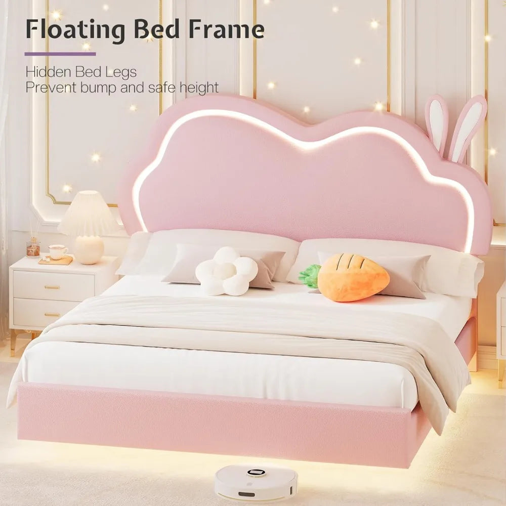 LED Queen Bed Frame for Girls Upholstered Floating Bed with Cute Cloud Headboard, No Box Spring Needed, Leather, Pink