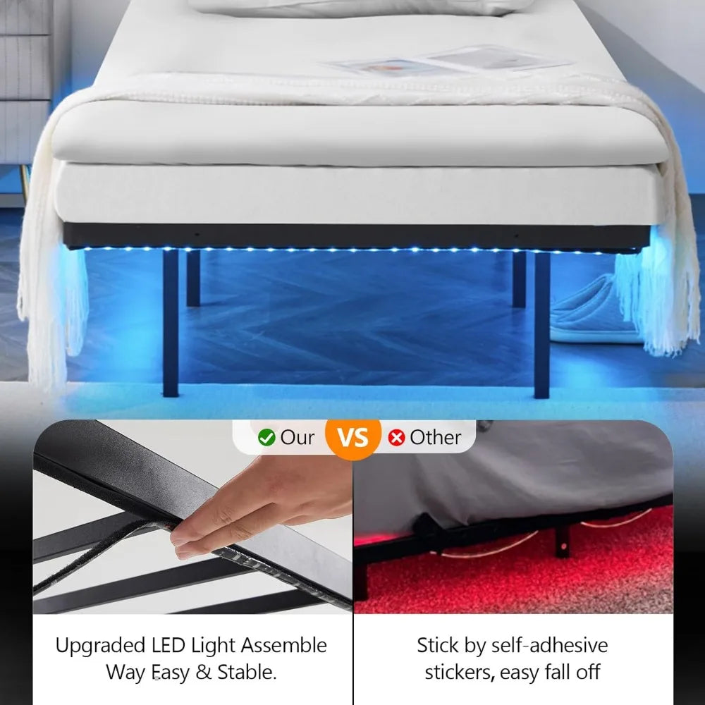 LED Twin Floating Bed Frame w/USB Charging Station, 14'' Platform Bed Frame Twin Size Heavy Duty Metal Bed, No Box Spring Needed