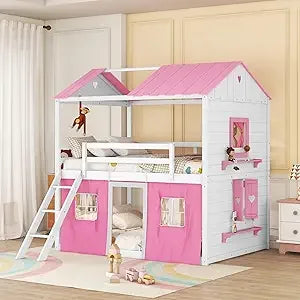 SOFTSEA Twin Size House Bunk Bed for Kids, Twin Over Twin Floor Bunk Bed with Tent and Windows Sills, Slide Ladder and Guardrail