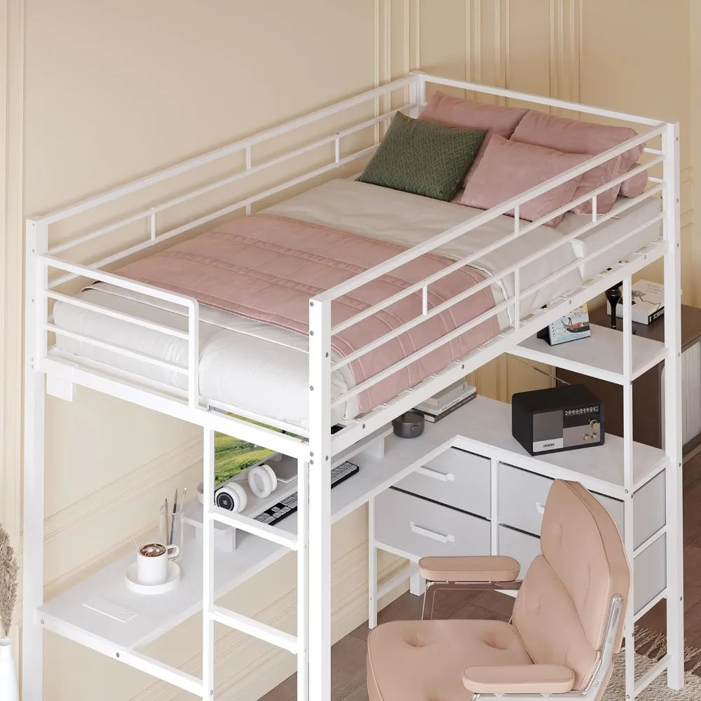 VINGLI Twin Metal Loft Bed Frame With 15" Safety Guardrail, Non-Slip Ladder, 2 Charging Stations, L-Shaped Desk, Storage Shelve,