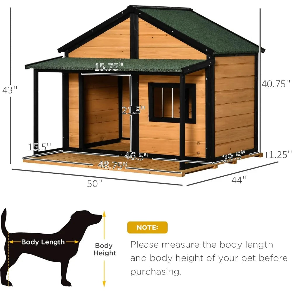 Outdoor Dog House Cabin Style, Wooden Raised Pet Kennel with Asphalt Roof, Front Door, Side Window, Porch for Medium/Large Dogs
