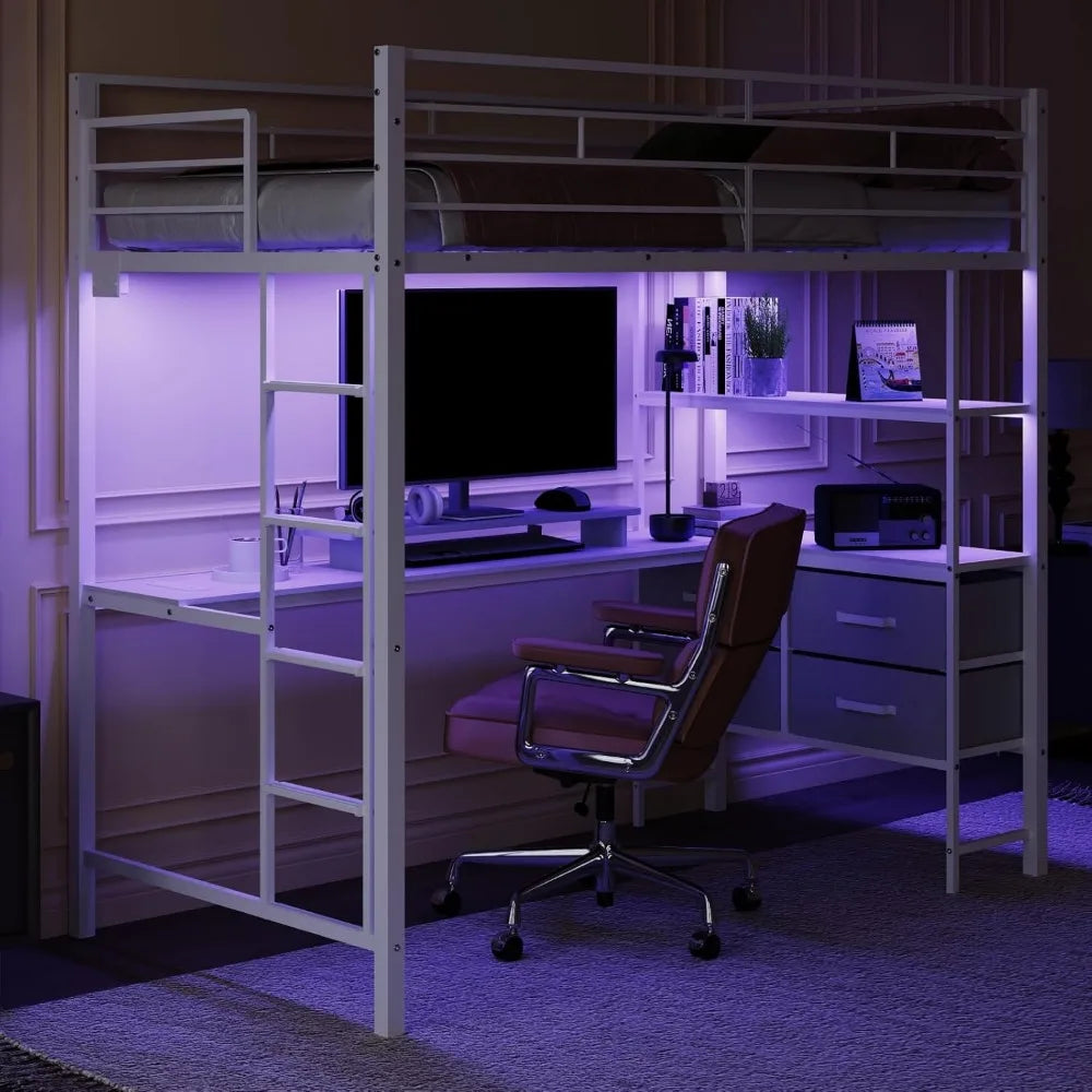 VINGLI Twin Metal Loft Bed Frame With 15" Safety Guardrail, Non-Slip Ladder, 2 Charging Stations, L-Shaped Desk, Storage Shelve,