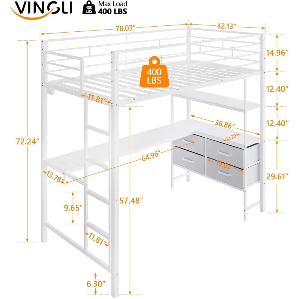 VINGLI Twin Metal Loft Bed Frame With 15" Safety Guardrail, Non-Slip Ladder, 2 Charging Stations, L-Shaped Desk, Storage Shelve,