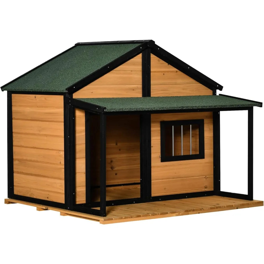 Outdoor Dog House Cabin Style, Wooden Raised Pet Kennel with Asphalt Roof, Front Door, Side Window, Porch for Medium/Large Dogs