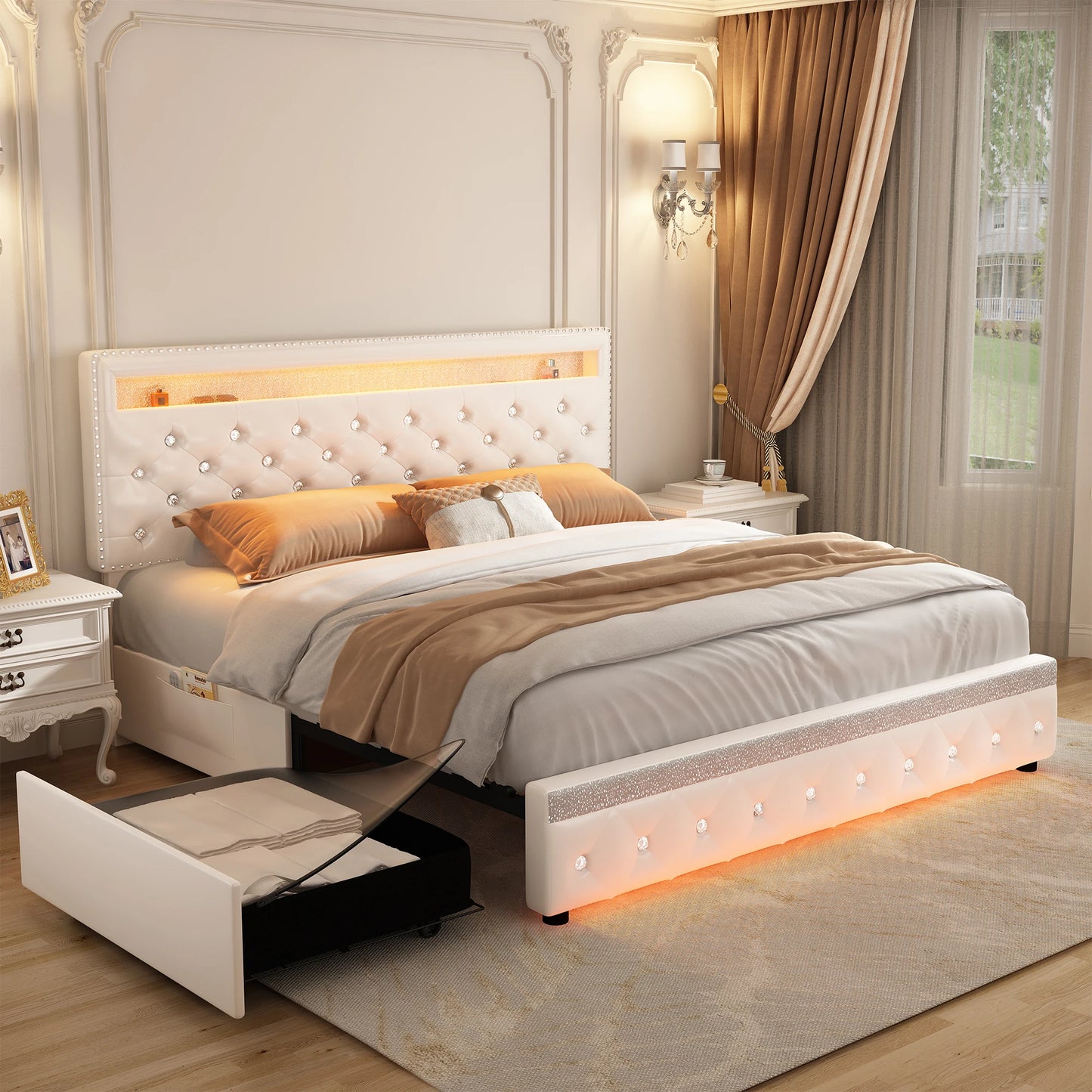 Modern Queen Bed Frame with Drawers, White PU Leather Upholstered Platform with Crystal Tufted Adjustable Headboard, Strong Meta