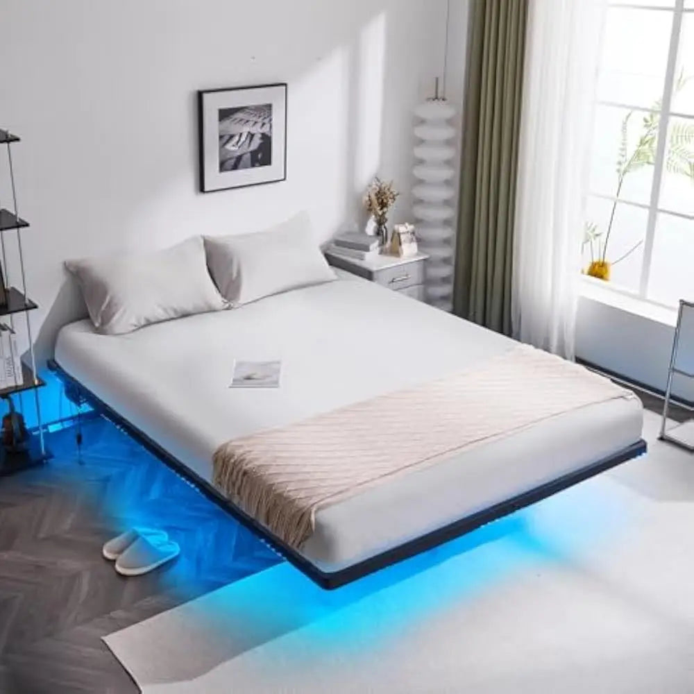 LED Twin Floating Bed Frame w/USB Charging Station, 14'' Platform Bed Frame Twin Size Heavy Duty Metal Bed, No Box Spring Needed