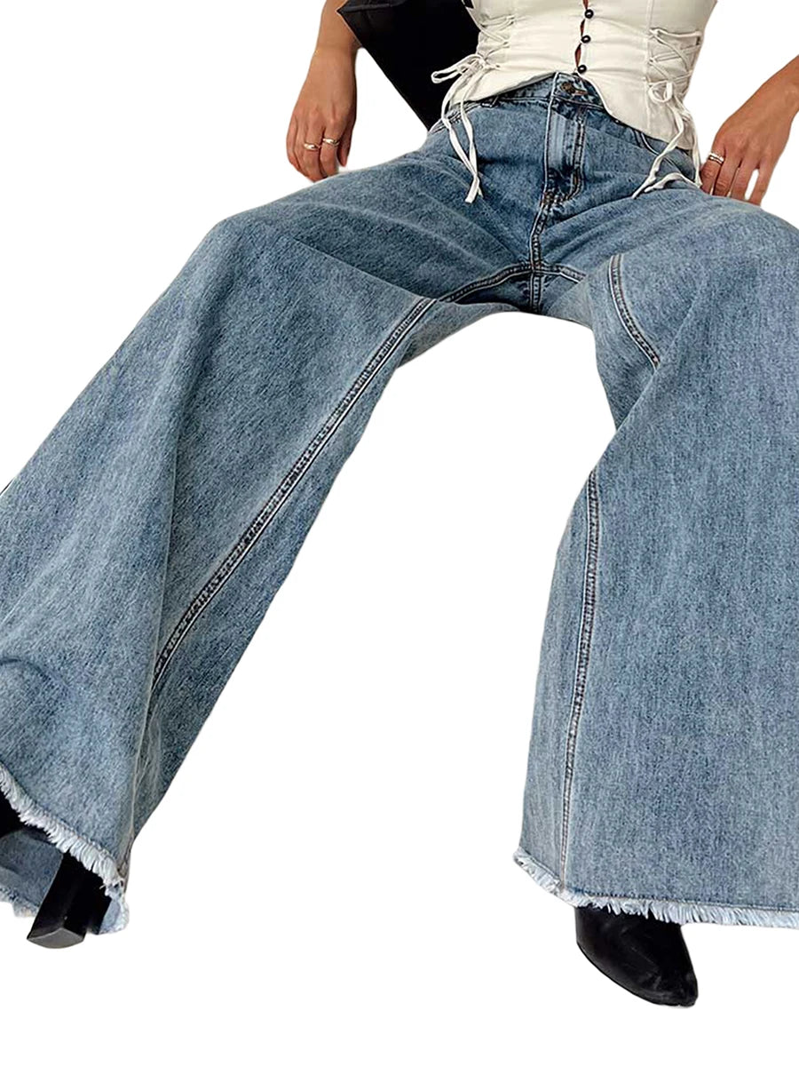 Women Wide Leg Jeans Trousers Solid Color Elastic Casual Loose Pants for Work Office Streetwear