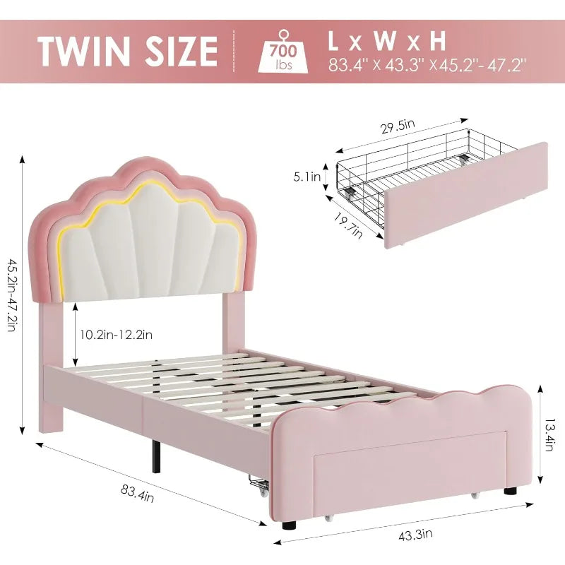 HOSTACK Twin Upholstered LED Bed Frame with Storage Drawer, Cute Girls Bed,Velvet Princess Platform Bed Frame, Pink/Beige