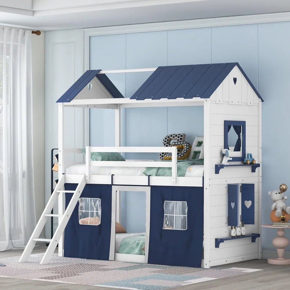 SOFTSEA Twin Size House Bunk Bed for Kids, Twin Over Twin Floor Bunk Bed with Tent and Windows Sills, Slide Ladder and Guardrail