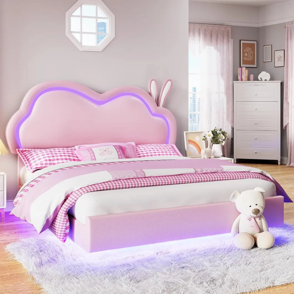 LED Queen Bed Frame for Girls Upholstered Floating Bed with Cute Cloud Headboard, No Box Spring Needed, Leather, Pink