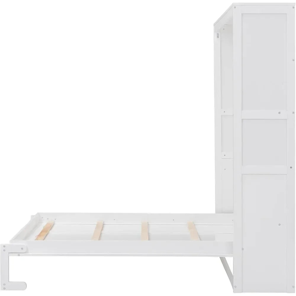 Full Size Murphy Bed, Wood Full Murphy Cabinet Bed with Shelves, for Home Office or Small Room, White