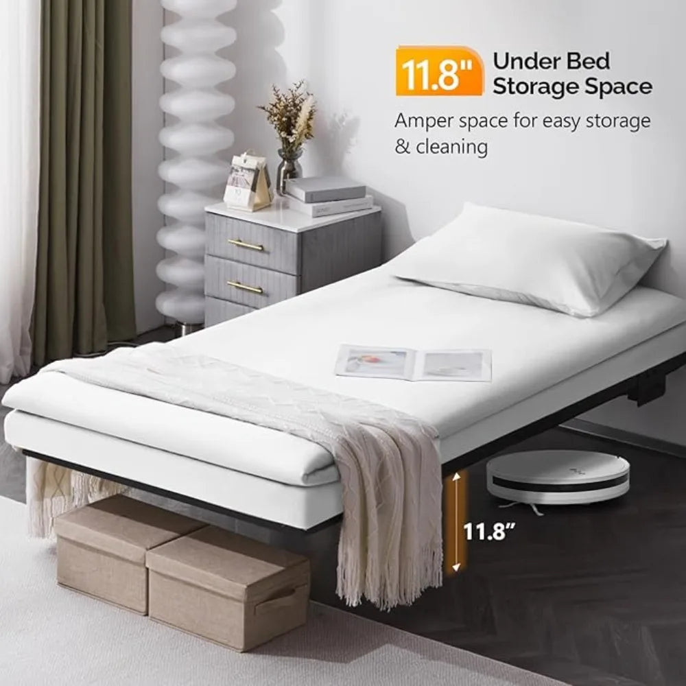 LED Twin Floating Bed Frame w/USB Charging Station, 14'' Platform Bed Frame Twin Size Heavy Duty Metal Bed, No Box Spring Needed