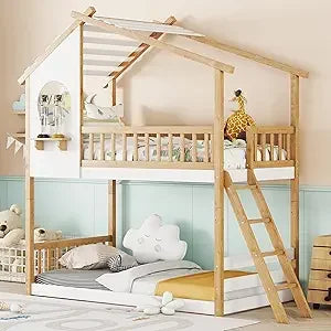 SOFTSEA Twin Size House Bunk Bed for Kids, Twin Over Twin Floor Bunk Bed with Tent and Windows Sills, Slide Ladder and Guardrail