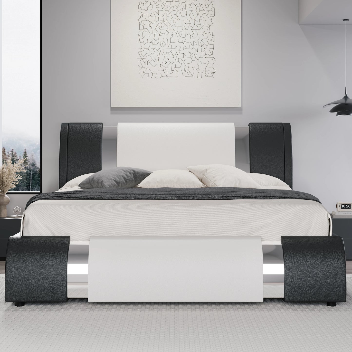 Modern Faux Leather Bed Frame with Iron Pieces Decor, Low Profile Platform Bed with Height-Adjustable Headboard
