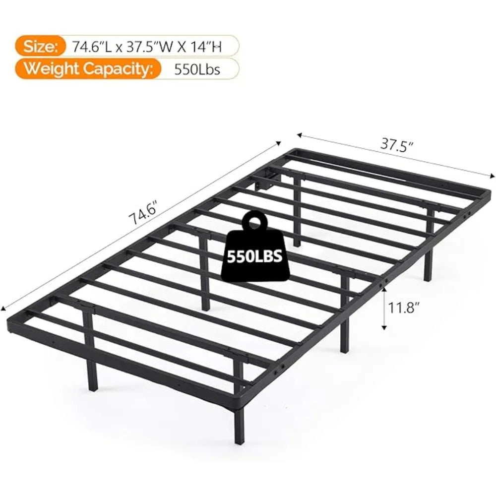 LED Twin Floating Bed Frame w/USB Charging Station, 14'' Platform Bed Frame Twin Size Heavy Duty Metal Bed, No Box Spring Needed