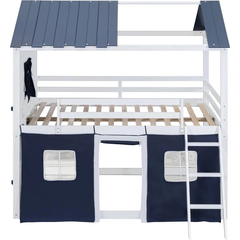 SOFTSEA Twin Size House Bunk Bed for Kids, Twin Over Twin Floor Bunk Bed with Tent and Windows Sills, Slide Ladder and Guardrail