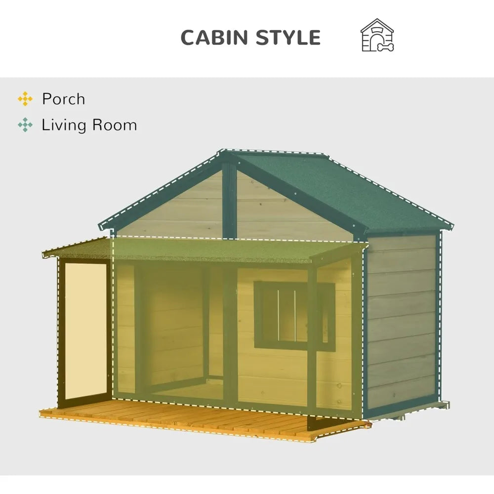 Outdoor Dog House Cabin Style, Wooden Raised Pet Kennel with Asphalt Roof, Front Door, Side Window, Porch for Medium/Large Dogs