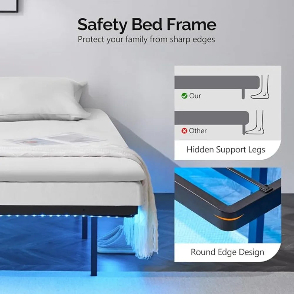 LED Twin Floating Bed Frame w/USB Charging Station, 14'' Platform Bed Frame Twin Size Heavy Duty Metal Bed, No Box Spring Needed