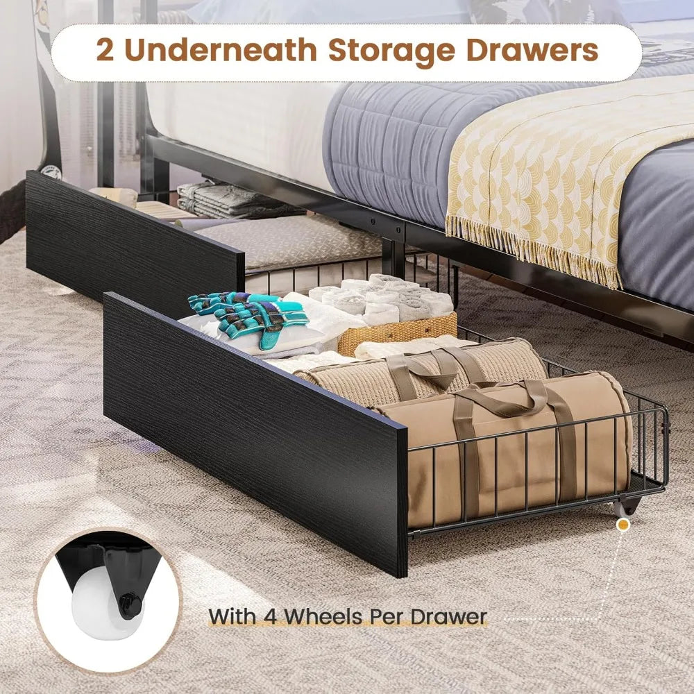 Full Corner Bed Frame with Storage Bookcase, Full Size Daybed with 2 Underneath Storage Drawers, Kids Bed Unit with Charging St