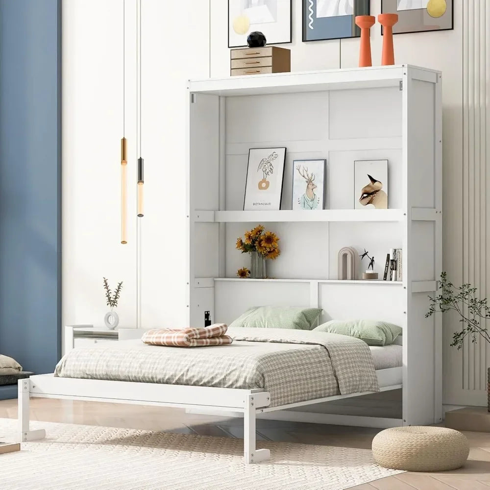 Full Size Murphy Bed, Wood Full Murphy Cabinet Bed with Shelves, for Home Office or Small Room, White