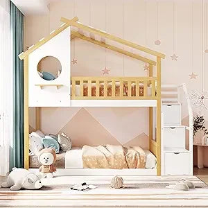 SOFTSEA Twin Size House Bunk Bed for Kids, Twin Over Twin Floor Bunk Bed with Tent and Windows Sills, Slide Ladder and Guardrail