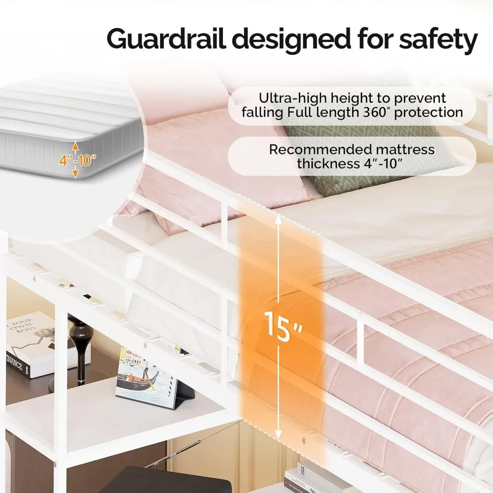 VINGLI Twin Metal Loft Bed Frame With 15" Safety Guardrail, Non-Slip Ladder, 2 Charging Stations, L-Shaped Desk, Storage Shelve,