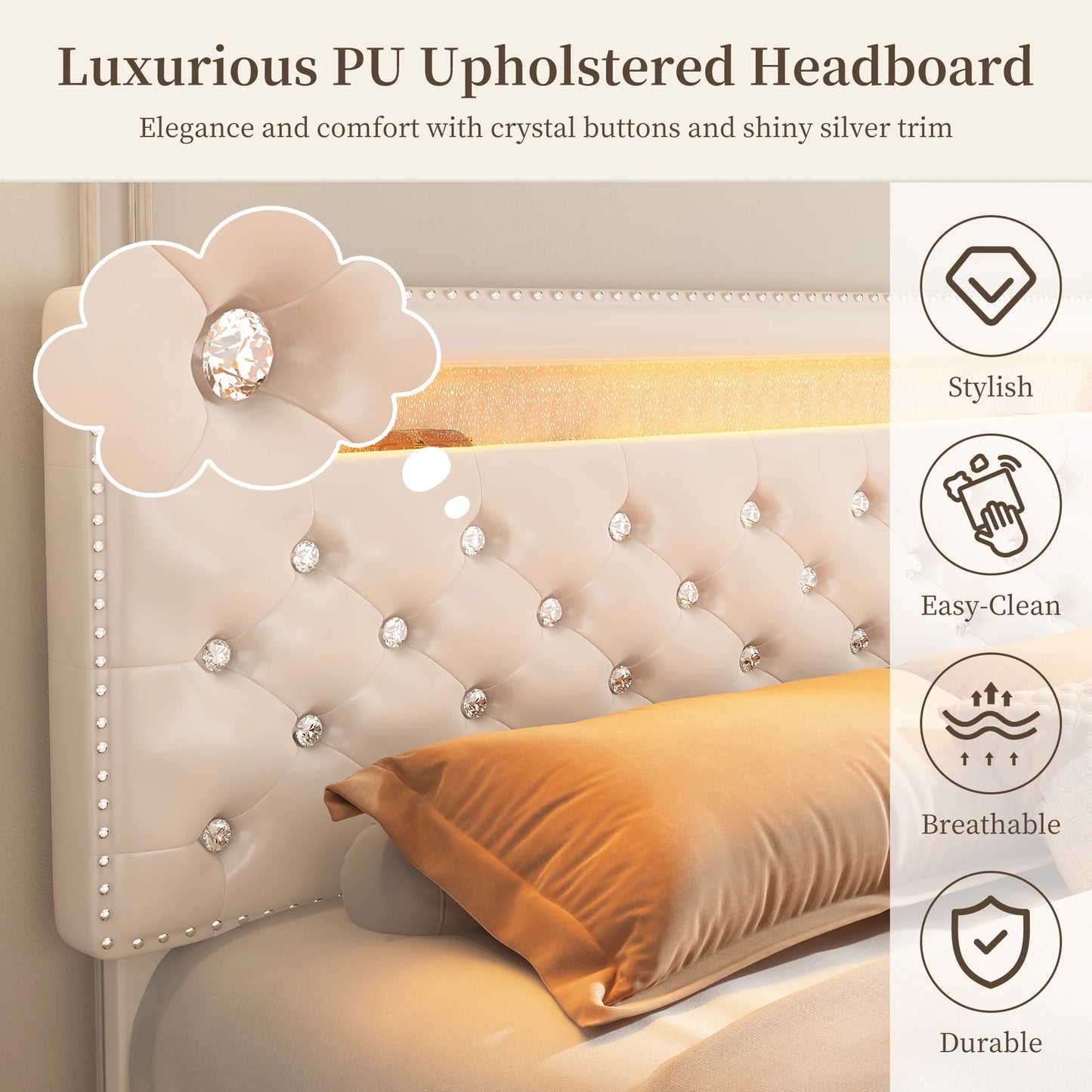 Modern Queen Bed Frame with Drawers, White PU Leather Upholstered Platform with Crystal Tufted Adjustable Headboard, Strong Meta